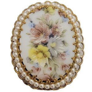 Gold Tone W. Germany Painted Flower Faux Pearl Oval Brooch, Signed K657